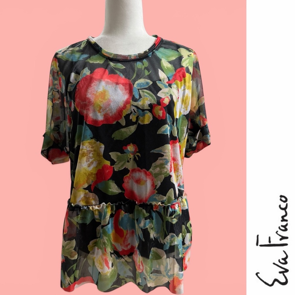 Eva Franco Black Floral Peplum Sheer Tunic, Size L, MSRP $148